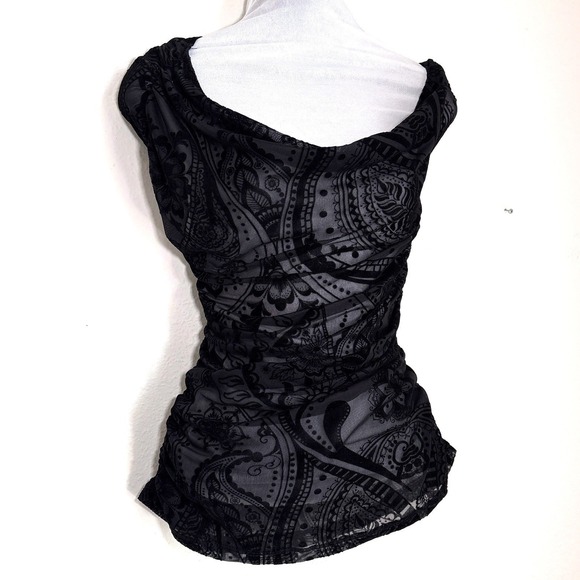 Sheer Off Shoulder Black Burnout Paisley Mesh Ruched Cowl Top XL Vampy Fairy - Picture 2 of 11